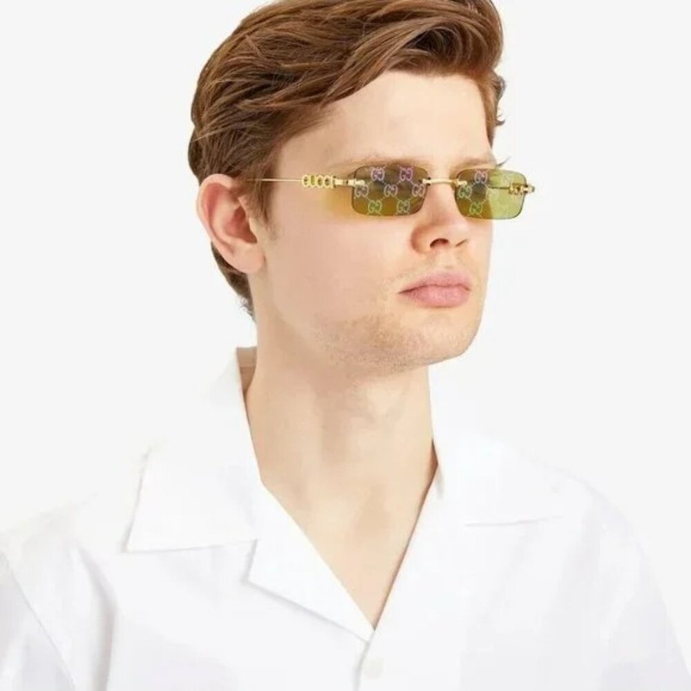 NEW GUCCI SUNGLASSES GOLD UNISEX RECTANGLE EYEWEAR GUCCI GG1808S 002